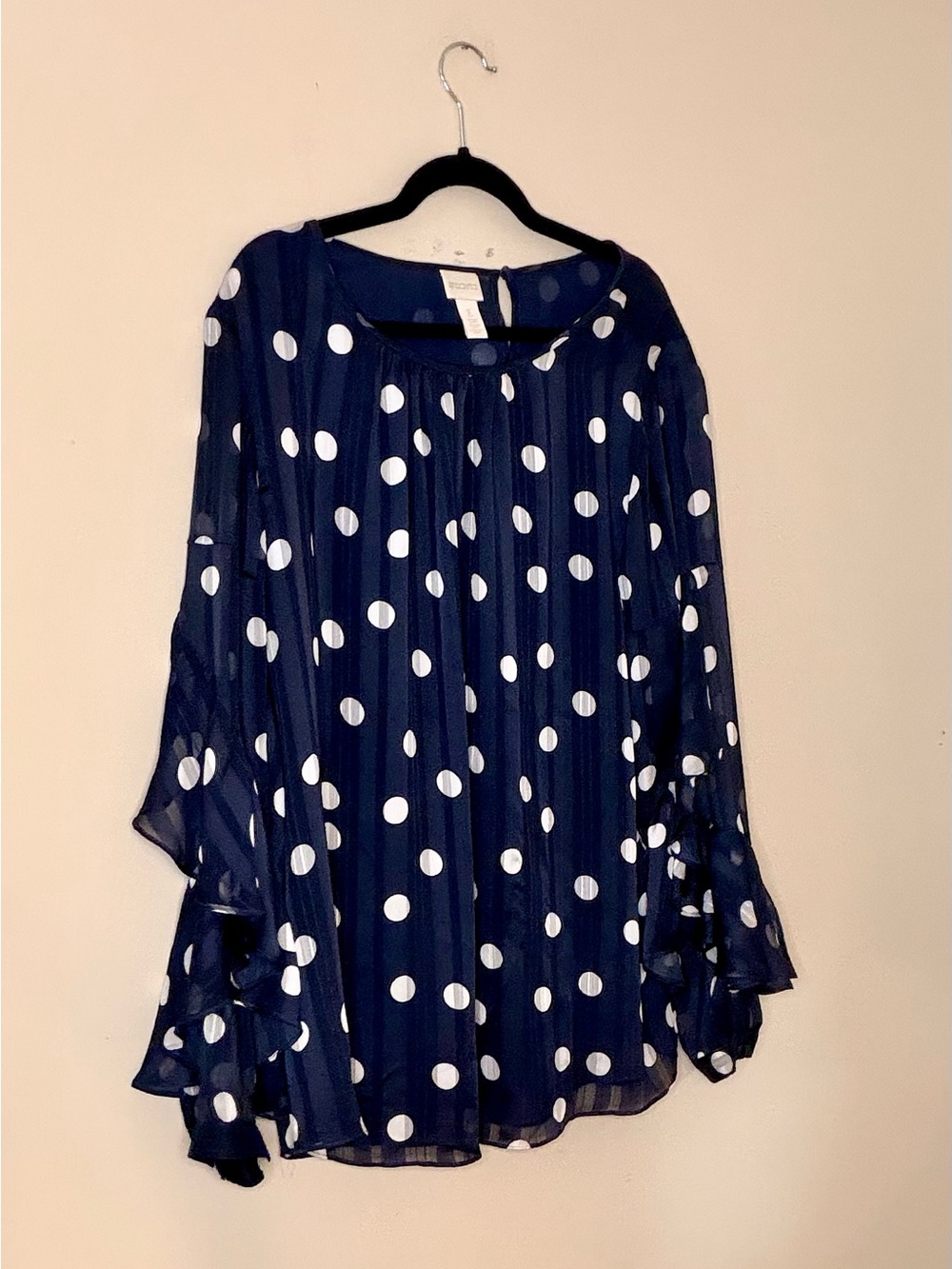 Chico's Navy Blue Polka Dot Ruffle Sleeve Blouse